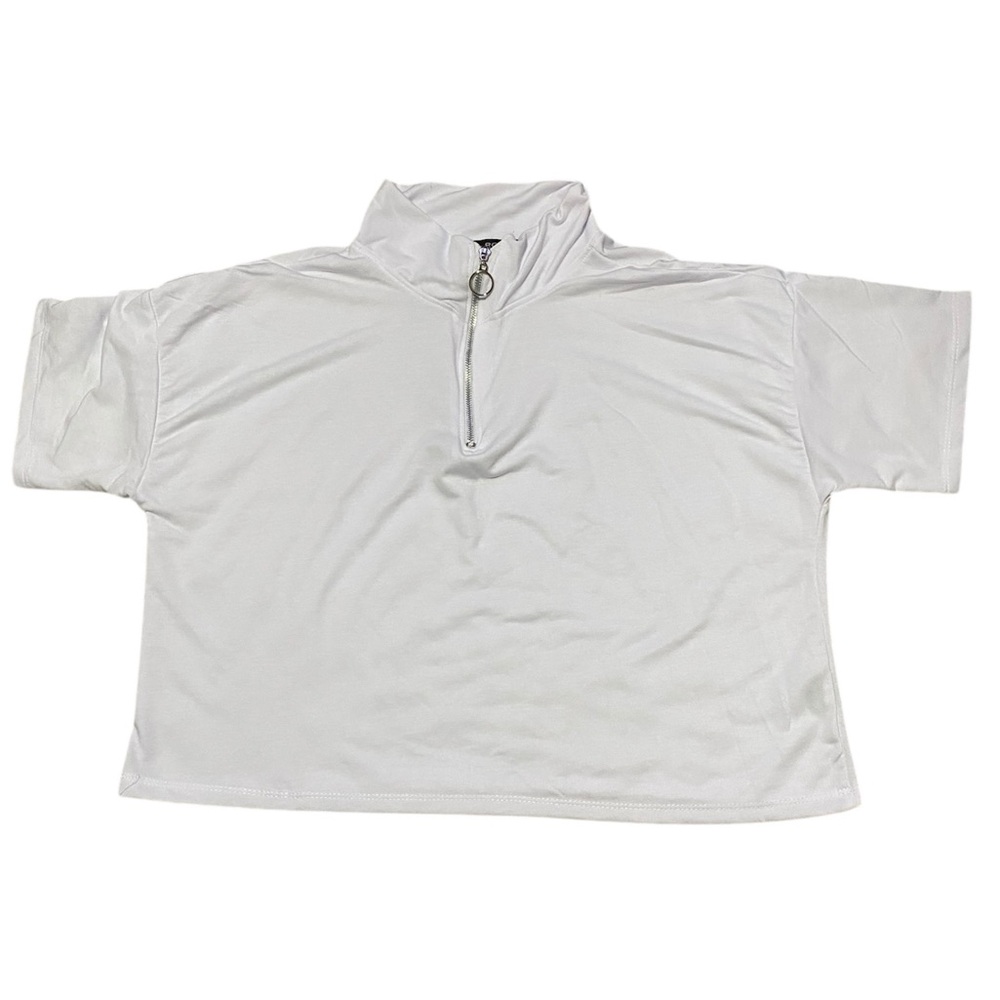 White Short Sleeve Tee with Mock Neck and Relaxed Fit